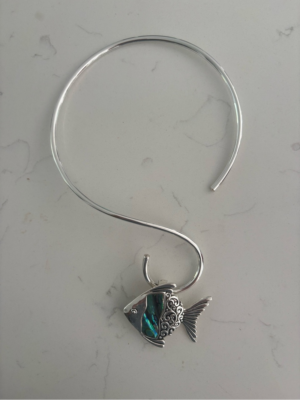 Sterling Silver Fish Pendant Necklace with Iridescent Abalone Inlay - Blue-Green
